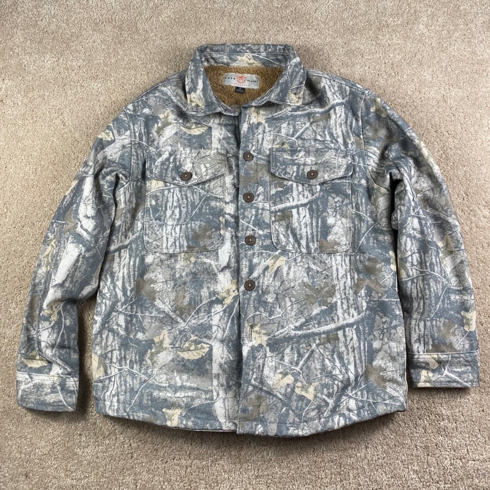 Free Planet Mens Camo Sherpa Lined Shirt Jacket Grey Tan Tree Bark Small Relaxed